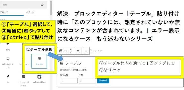 エクセルからブロックエディターのテーブルにそのまま貼り付ける